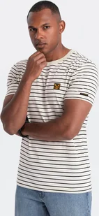 Ombre Męski t-shirt w paski z naszywką Ombre Design kremowo-czarny V1 OM-TSCT-0183 S - Koszulki męskie - miniaturka - grafika 1