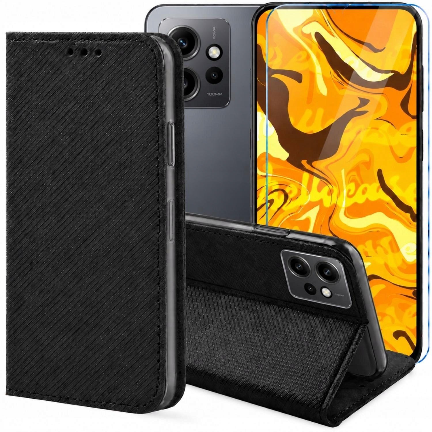 Hello Case Etui z Klapką Do Xiaomi Redmi Note 12 4G Czarne, Zamykane, Kabura Szkło BNDL2281