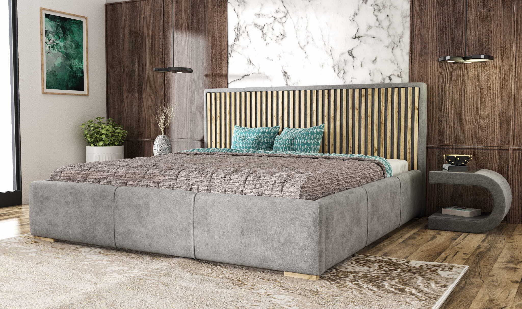 Łóżko tapicerowane AGMAT WOOD z wezgłowiem, 160 x 200 cm, łóżko podwójne z podstawą łóżka i metalową ramą z listew, tkanina welurowa: jasnoszary