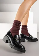 Mokasyny damskie - Czarne Mokasyny na Słupku Ozdobione Klamrą Ettane - miniaturka - grafika 1