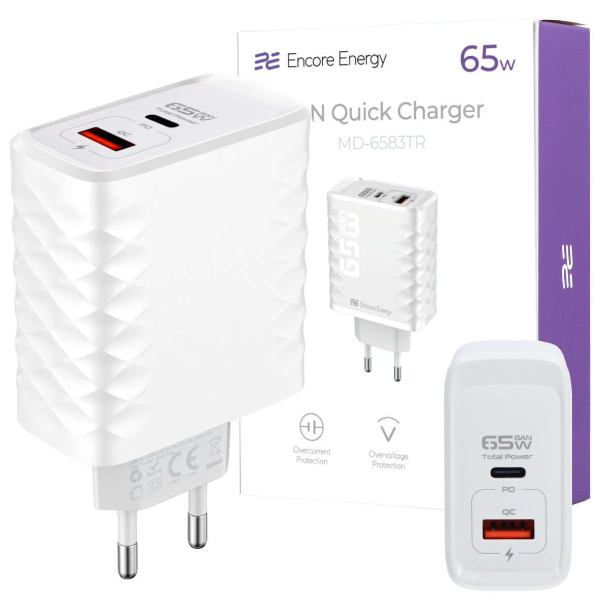 Nowa ładowarka sieciowa GaN 65W USB-A + USB-C QC PD Encore Energy MD-6583TR