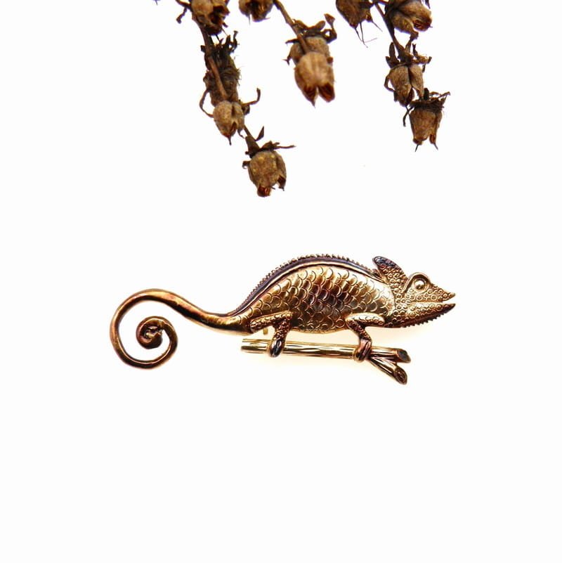 Broszka srebrna - Kameleon mały brązowy