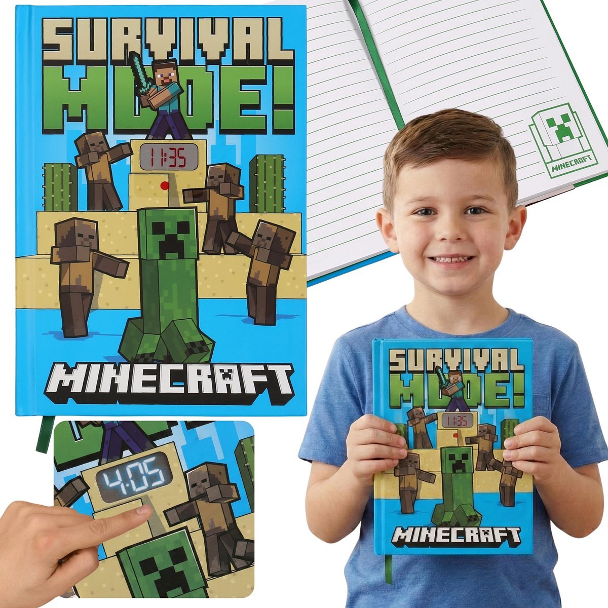 Minecraft Notes Z ZEGARKIEM CYFROWYM LED, zeszyt A5 dla chłopca, INTERAKTYWNY pamiętnik dla fana