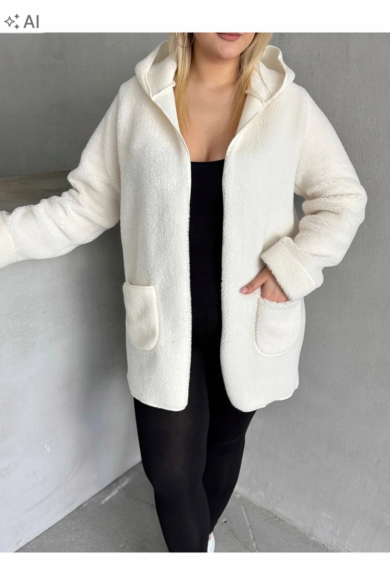 YOURS BIAŁY PLUS SIZE PŁASZCZ KOC Z KAPTUREM I KIESZENIAMI 58/60 5IA