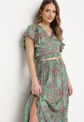 Komplety damskie - Zielony Komplet 2-Częściowy we Wzór Paisley z Wiskozy Spódnica Maxi i Kopertowa Góra Wabila - miniaturka - grafika 1