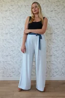 Spodnie sportowe damskie - Spodnie len/wiskoza w kolorze jasno-niebieskiego akwamarynu - miniaturka - grafika 1