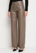 Spodnie damskie - Beżowe Spodnie o Szerokim Kroju z Wysokim Stanem z Ekoskóry Enadria - miniaturka - grafika 1