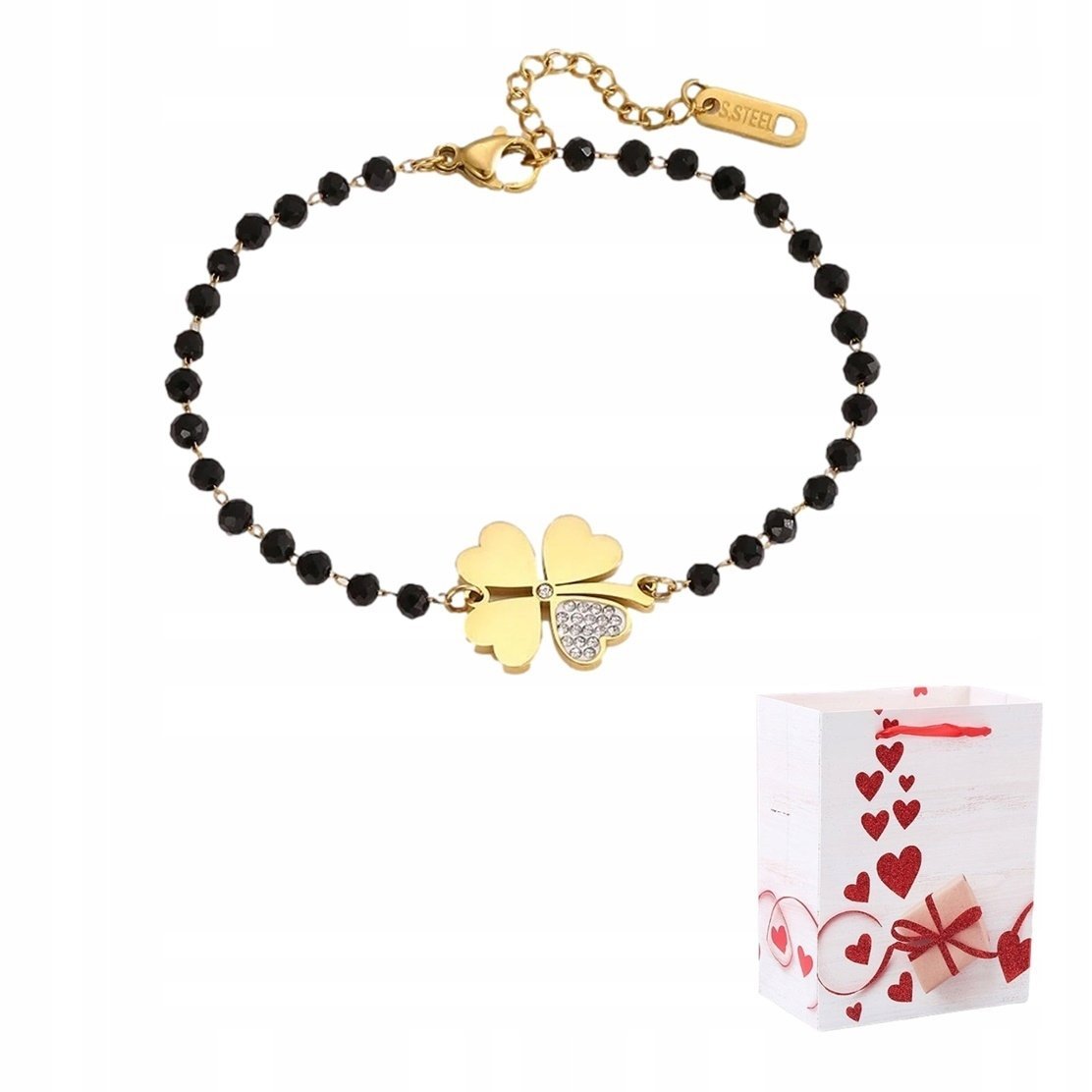 Bransoletka Złota Koniczynka Kryształki Czarne Koraliki Stal Chirurgiczna