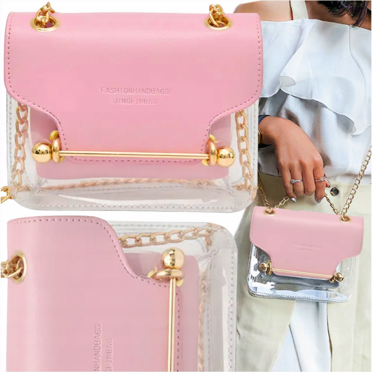 Torebka Damska Listonoszka Transparentna Różowa