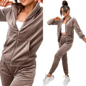 Dresy damskie - Damski Dres Komplet welurowy bez kaptura 771 [Kolor Beż, Rozmiar S/M] - miniaturka - grafika 1