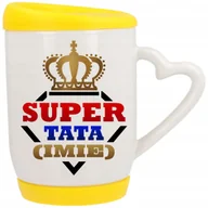 Kubki - Kubek Ucho z Sercem z Pokrywką Żółta SUPER TATA Korona Bohater IMIĘ Wzory - miniaturka - grafika 1
