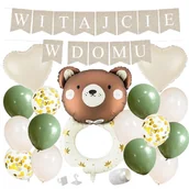 Balony i akcesoria - ZESTAW balonów WITAJCIE W DOMU - boho - oliwka + grzechotka WITAJ boho powitanie dziecka - miniaturka - grafika 1