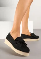 Mokasyny damskie - Czarne Mokasyny z Ekozamszu na Niskiej Platformie z Ozdobną Kokardą Nusalena - miniaturka - grafika 1