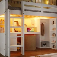 Łóżka dla dzieci i młodzieży - Łóżko na antresoli 90x200cm - z oświetleniem LED - z szafą + biurkiem - z 3 szufladami - z przegródkami do przechowywania - biały - miniaturka - grafika 1