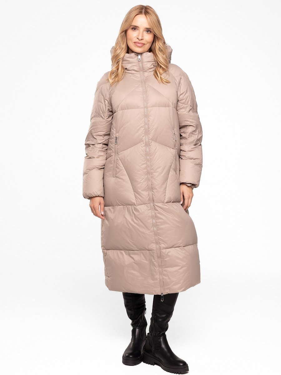 Długa Puchowa Kurtka Damska na Suwak z Kapturem