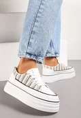 Trampki damskie - Białe Krótkie Trampki na Wysokiej Platformie z Tweedową Wstawką Grogamia - Renee - miniaturka - grafika 1