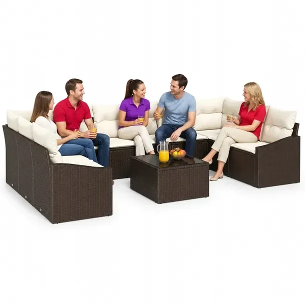 Zestaw 10-częściowy sof ogrodowych z poli rattanu, beżowy, 60 cm głębo