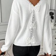 Swetry damskie - TEMU Elegancki sweter damski z dekoltem w szpic, dﾅＶgim rﾄ冖awem, dzianinﾄ� w jednolitym kolorze i kokardkﾄ� z tyﾅＶ, caﾅＰroczny sweter z koronkowﾄ� - miniaturka - grafika 1