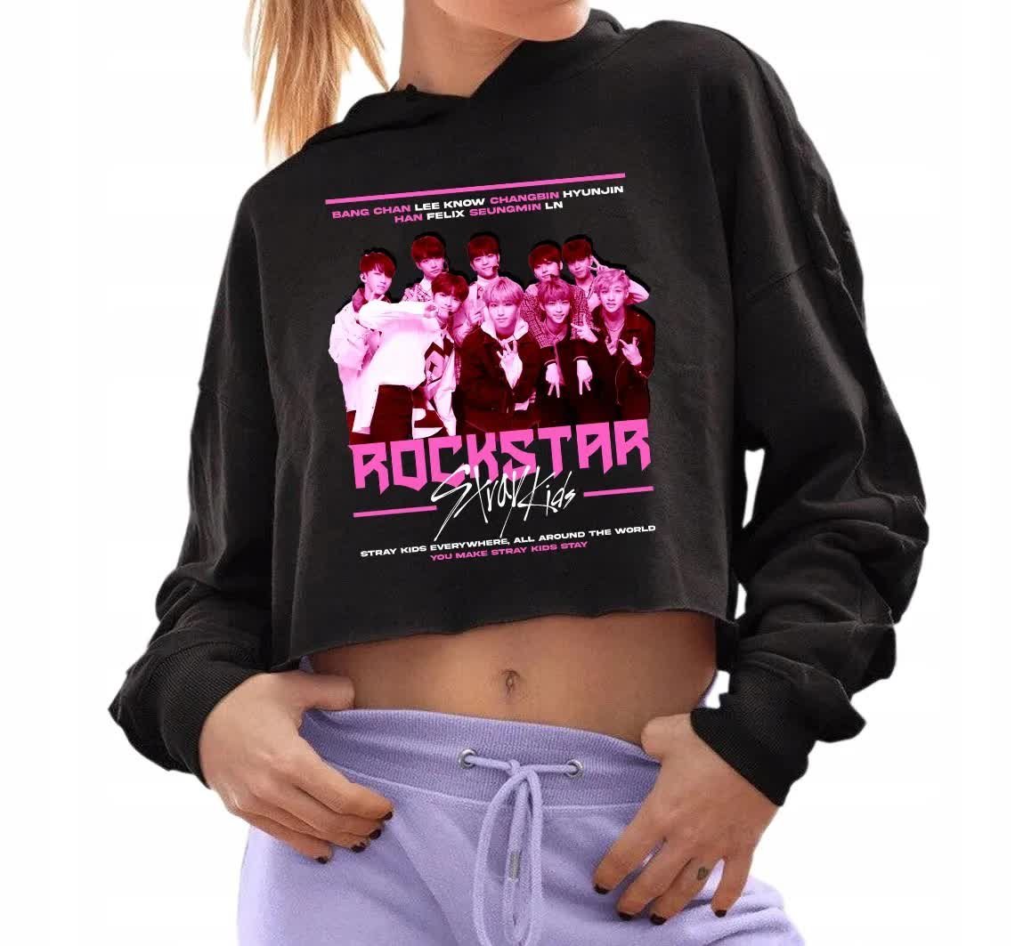 Bluza Damska Czarna Krótka Z Kapturem ROCKSTAR Crop Hit KPOP - Rozmiar S