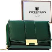 Portfele - Portfel damski zielony PETERSON mały lakierowany elegancki rozbudowany na karty zatrzask i suwak RFID - miniaturka - grafika 1
