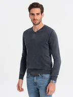 Swetry męskie - Washowany sweter męski z dekoltem w serek - granatowy V2 OM-SWOS-0108 - Ombre Clothing - miniaturka - grafika 1