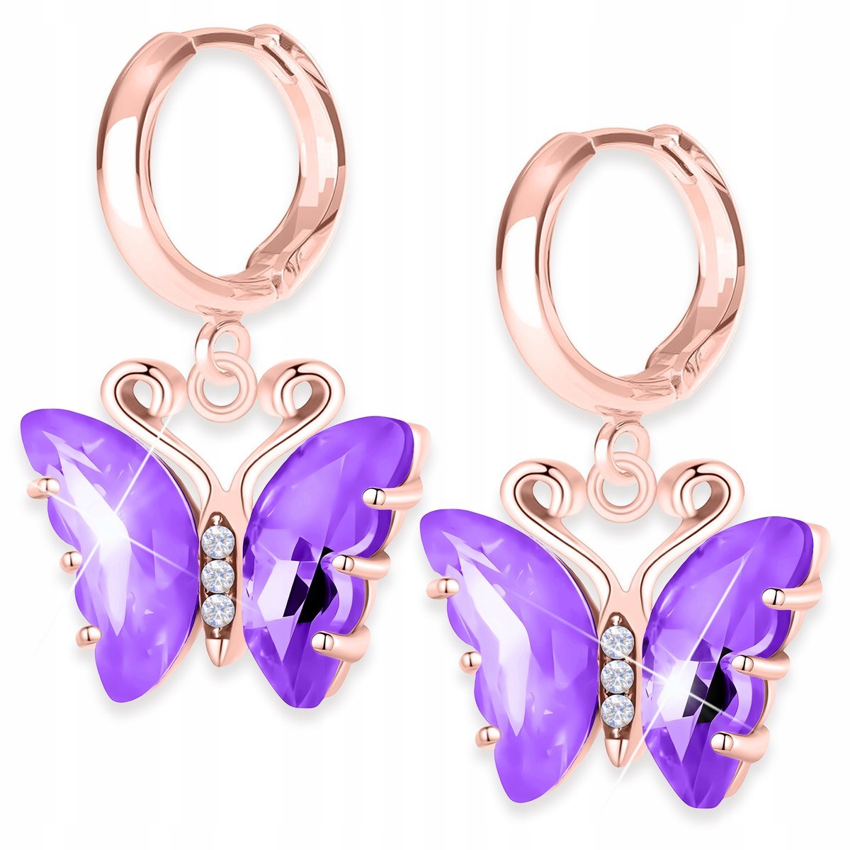 Kolczyki Pozłacane z Motylami Fioletowe Skrzydła Motyle Motylki SREBRO 925