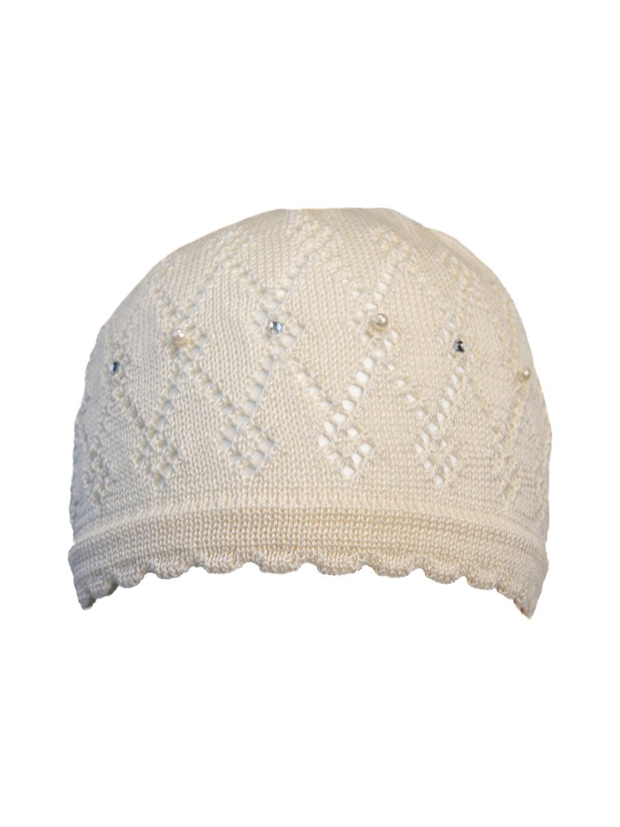 Dziewczęca czapka chrzest z perłami ecru Doll r.47