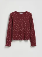 Bluzki dla dziewczynek - Reserved - Prążkowana koszulka w kwiaty - brązowy - miniaturka - grafika 1