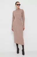 Sukienki - Calvin Klein sukienka kolor beżowy maxi rozkloszowana - miniaturka - grafika 1
