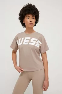 Guess t-shirt damski kolor brązowy - Koszulki sportowe damskie - miniaturka - grafika 1