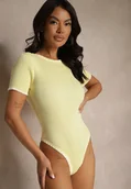 Body - Żółte Body z Wiskozą z Dekoltem na Plecach i Ozdobną Lamówką Redorina - miniaturka - grafika 1