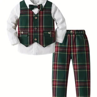 TEMU Chłopięca odzież na Boże Narodzenie dla 1-rocznych, biała koszula, zielona kamizelka w kratę, spodnie, muszka, wieloczęściowy garnitur, impreza - Dresy i komplety dla chłopców - miniaturka - grafika 1