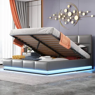 Łóżko tapicerowane Flieks z LED, łóżko na sprężynach hydraulicznych 160x200cm z listwami i schowkiem, łóżko podwójne drewniane łóżko młodzieżowe imitacja skóry , szare - Łóżka - miniaturka - grafika 1