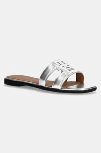 Tommy Hilfiger klapki skórzane TH LOGO STRAP METALLIC MULE damskie kolor srebrny FW0FW08676 - Klapki i japonki damskie - miniaturka - grafika 1
