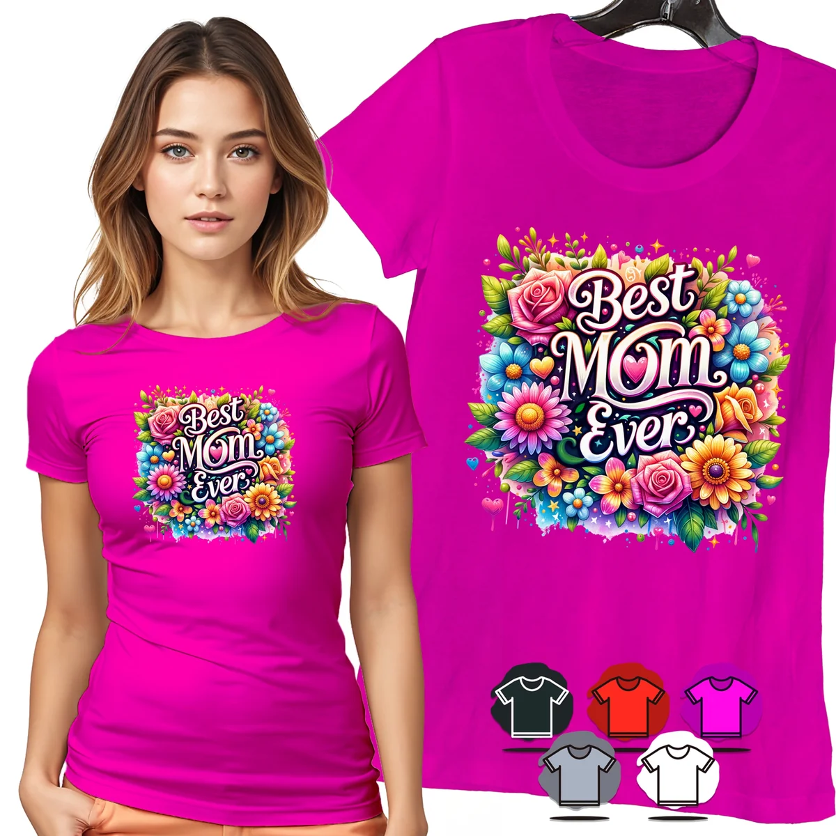 KOSZULKA DAMSKA T-SHIRT - BEST MOM EVER KWIATY RÓŻE PREZENT DAMSKI - L