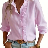 Koszule damskie - TEMU Elegancka Damska Bluzka w Paski z Falbanką - Długi Rękaw, Stójka, Koszula na Guziki w Jasnoniebieskim Kolorze z Pionowymi Paskami, Idealna na - miniaturka - grafika 1