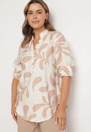 Bluzki damskie - Jasnobeżowa Koszulowa Bluzka z Wiskozy w Roślinny Wzór z Dekoltem w Serek Koladoretia - miniaturka - grafika 1