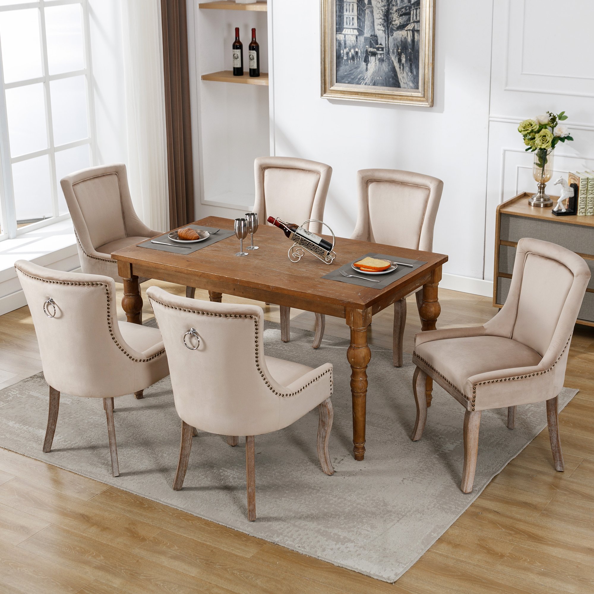 Zestaw 6 krzeseł do jadalni Flieks, krzesła kuchenne tapicerowane z nogami z litego drewna, krzesło do jadalni z aksamitnym obiciem, beżowe