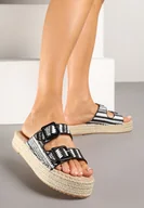 Klapki i japonki damskie - Czarne Klapki na Grubej Plecionej Podeszwie z Geometrycznym Wzorem Tyssedi - miniaturka - grafika 1