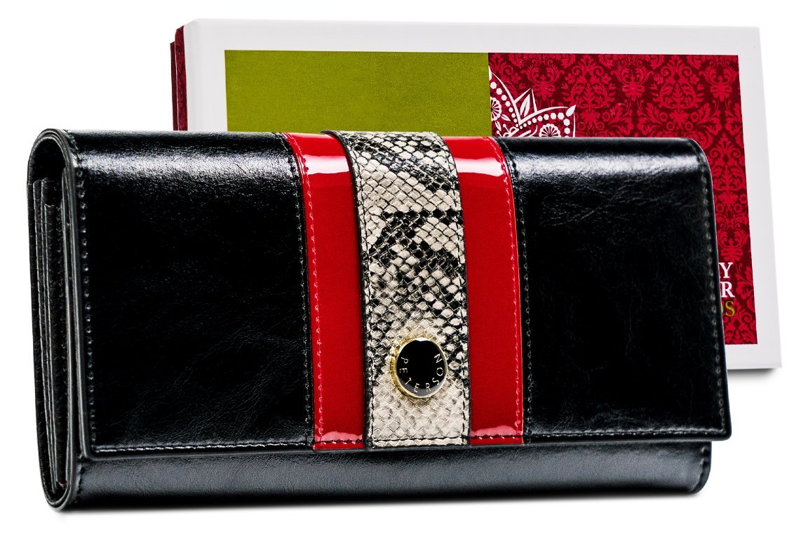 Portfel skórzany damski Peterson skóra węża pojemna portmonetka na karty i gotówkę z ochroną RFID czarny