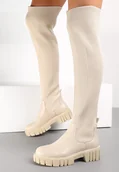 Kozaki damskie - Beżowe Kozaki z Elastyczną Cholewką za Kolano Meyo - Renee - miniaturka - grafika 1