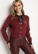 Swetry damskie - Bordowy Kardigan z Wiskozą w Stylu Retro Zdobiony Wiązaniem i Eleganckimi Guzikami Selimi - miniaturka - grafika 1