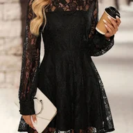 Sukienki - TEMU Czarna koronkowa, dopasowana sukienka na krótko z długim rękawem, stylowy i elegancki strój formalny dla kobiet na jesień. - miniaturka - grafika 1