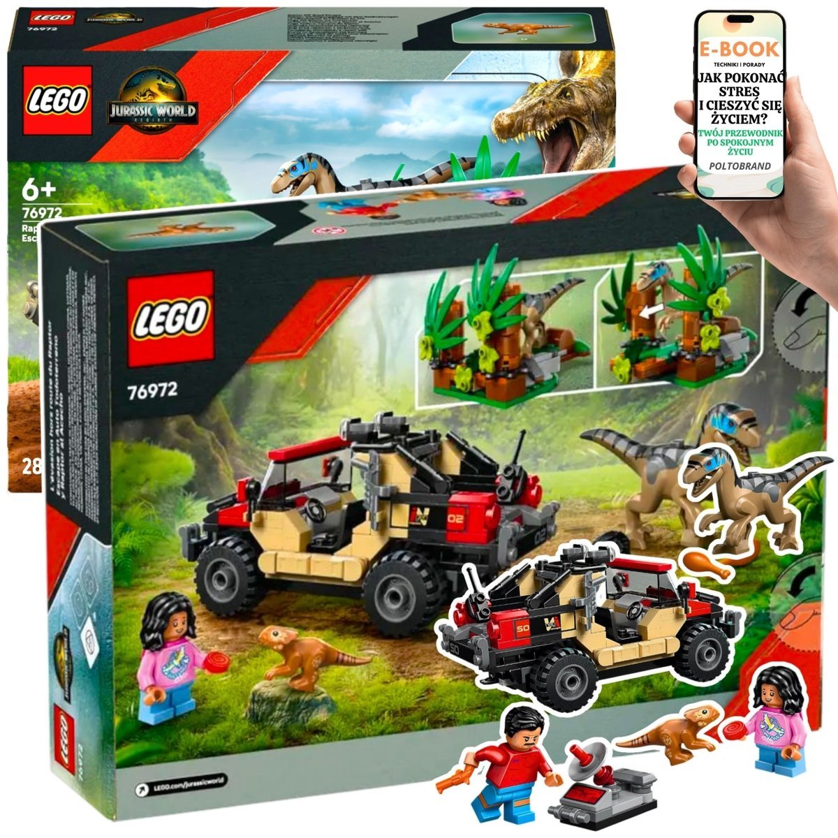 LEGO PREZENT DLA MIŁOŚNIKA DINOZAURÓW LEGO Jurassic World Ucieczka z Jeepem Przed Raptorem + Ruchome Figurki (76972) + EBOOK-1