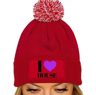 Czapki damskie - CZAPKA POMPON Bawełna ZIMOWA Czerwona Dla Miłośnika Muzyki I LOVE HOUSE Wz - miniaturka - grafika 1