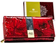 Portfele - Portfel damski lakierowany PETERSON skórzany duży na zatrzask rozbudowany na karty ochrona RFID elegancki czerwony - miniaturka - grafika 1