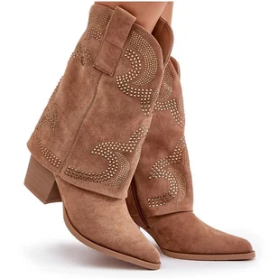 Zdobione Kozaki Kowbojki Do Połowy Łydki Na Słupku S.Barski HY42-153 Camel beżowy - Botki damskie - miniaturka - grafika 1