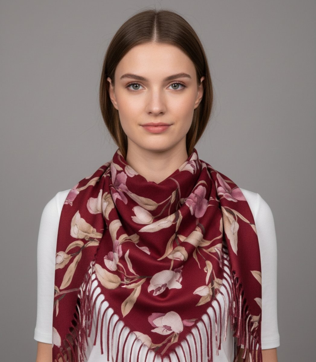 Elegancka kwiatowa chusta szal szalik z frędzlami