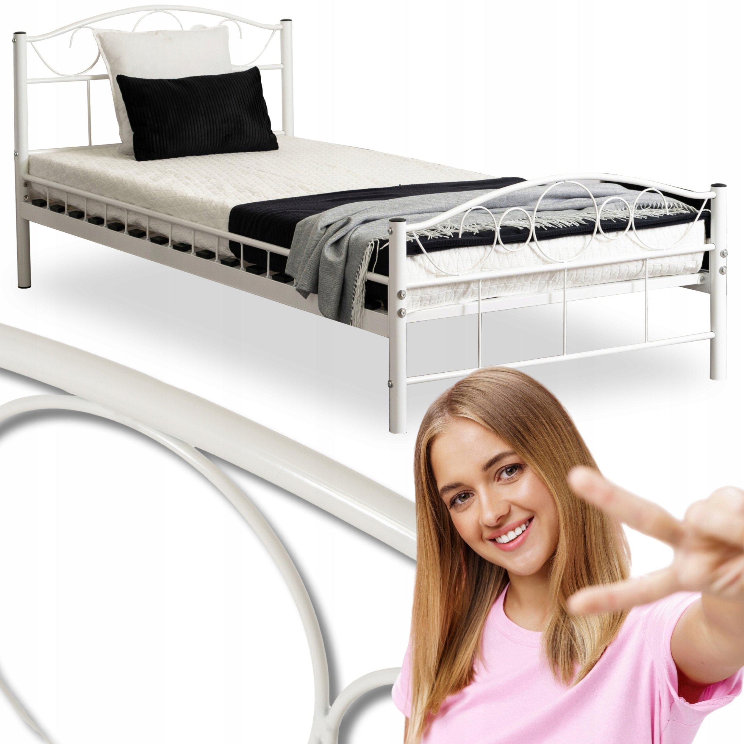 Łóżko 90x200 Metalowe Jednoosobowe Pojedyncze Młodzieżowe Białe GRIFFIN