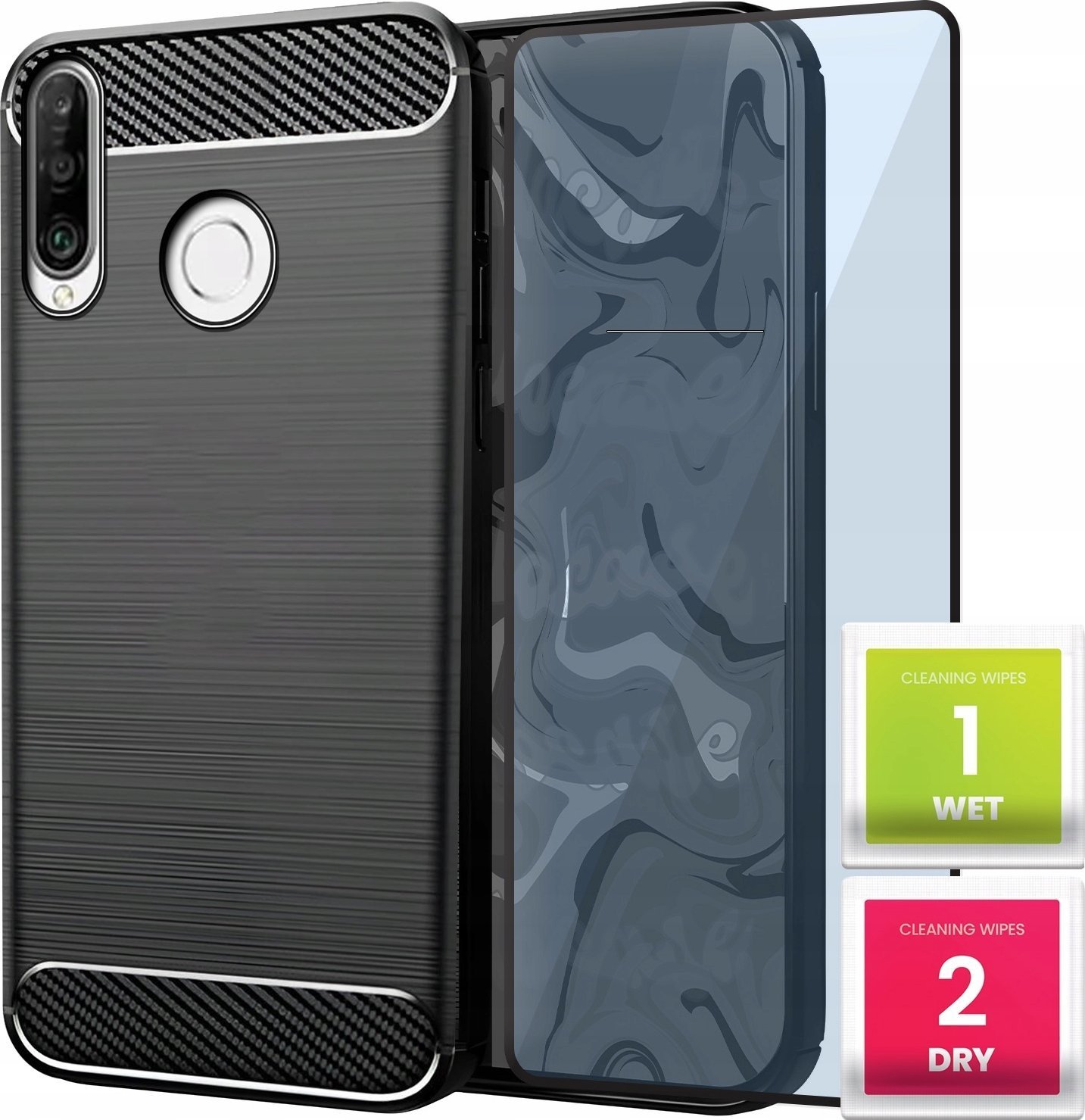 Hello Case Etui Do Huawei P30 LITE Pancerne, Karbon, Karbonowe, Czarne Szkło 5D